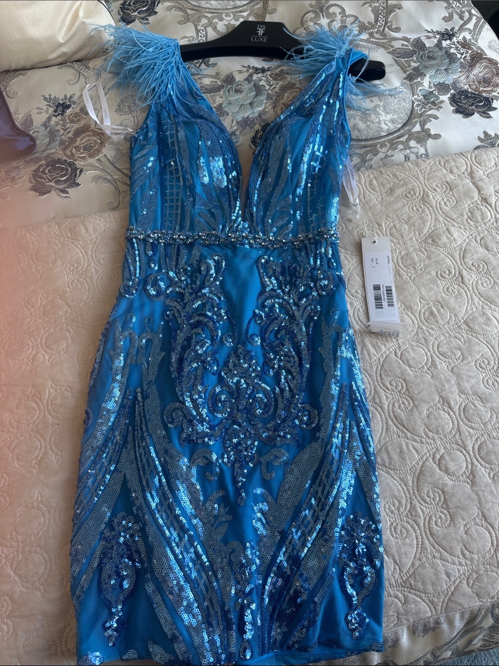 Jovani Bright Blue Sequined Feather-Shoulder V-Neck Dress
